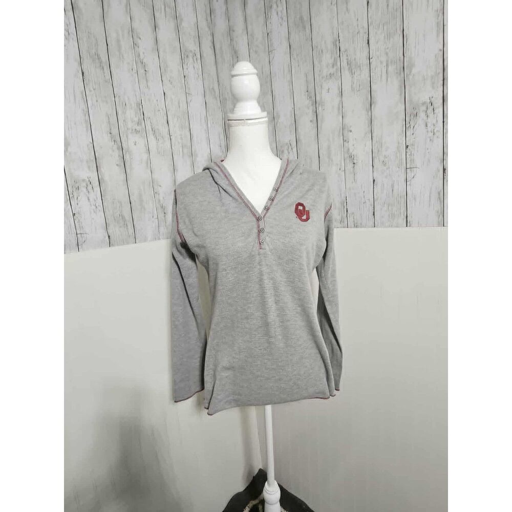NCAA Oklahoma Sooners Hooded Long Sleeve Thermal Top Women’s Size LG Gray Red